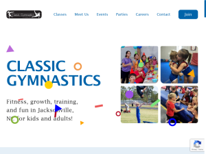 Screenshot of website for a Jacksonville NC gymnastics center.